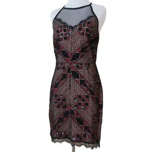 Greylin Burgundy Black Lace Sequin Beaded Detailed Bodycon Halter Dress